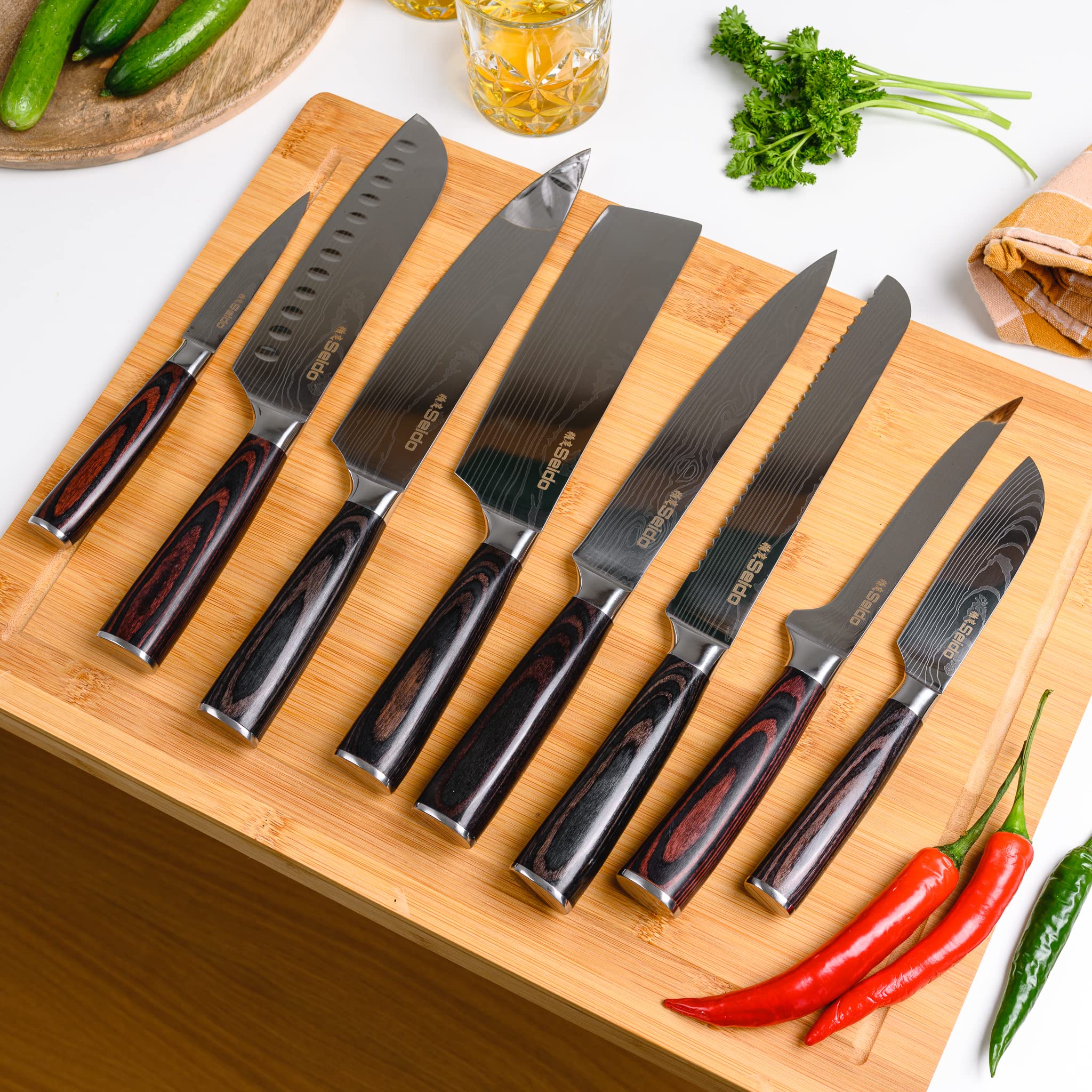 Seido Knives Chef Carving knife in kitchen for slicing perfection.