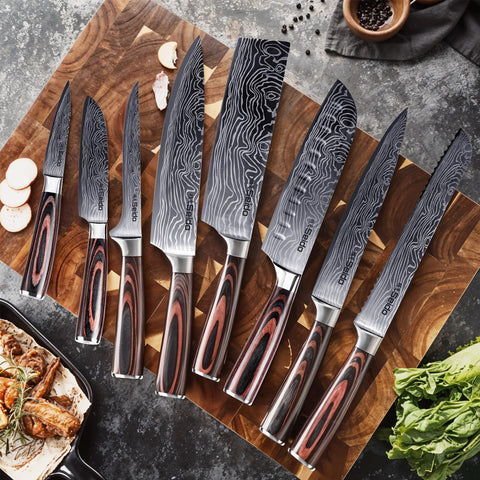 Seido Knives Santoku blade close-up highlights precise edge performance.
