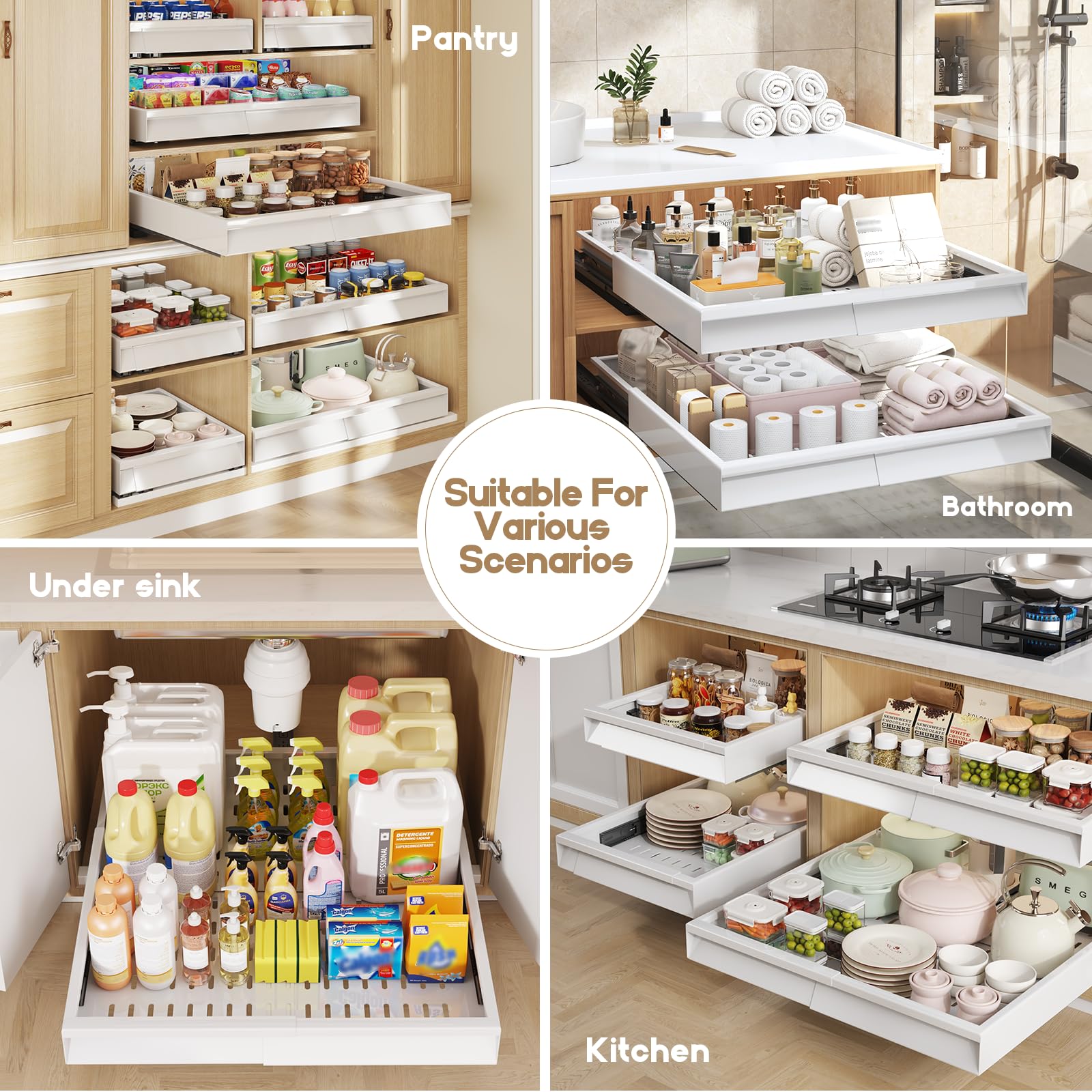 Seinloes adjustable width and depth fit various cabinet sizes and layouts.