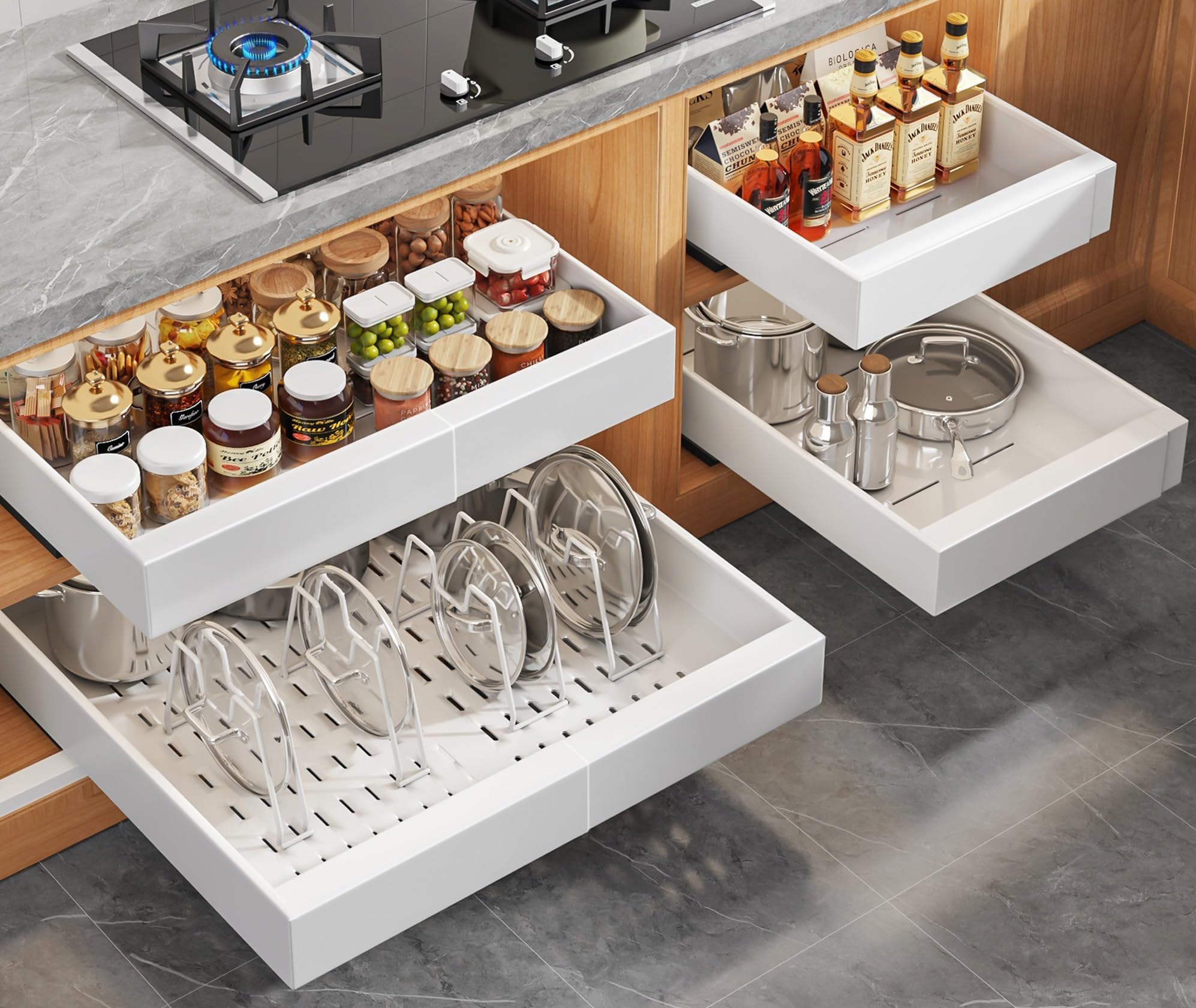Seinloes expandable pull-out cabinet organizer for 21-inch deep cabinets, easy access to back shelves