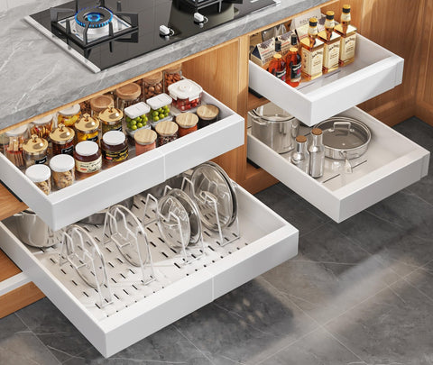 Seinloes expandable pull-out cabinet organizer for 21-inch deep cabinets, easy access to back shelves