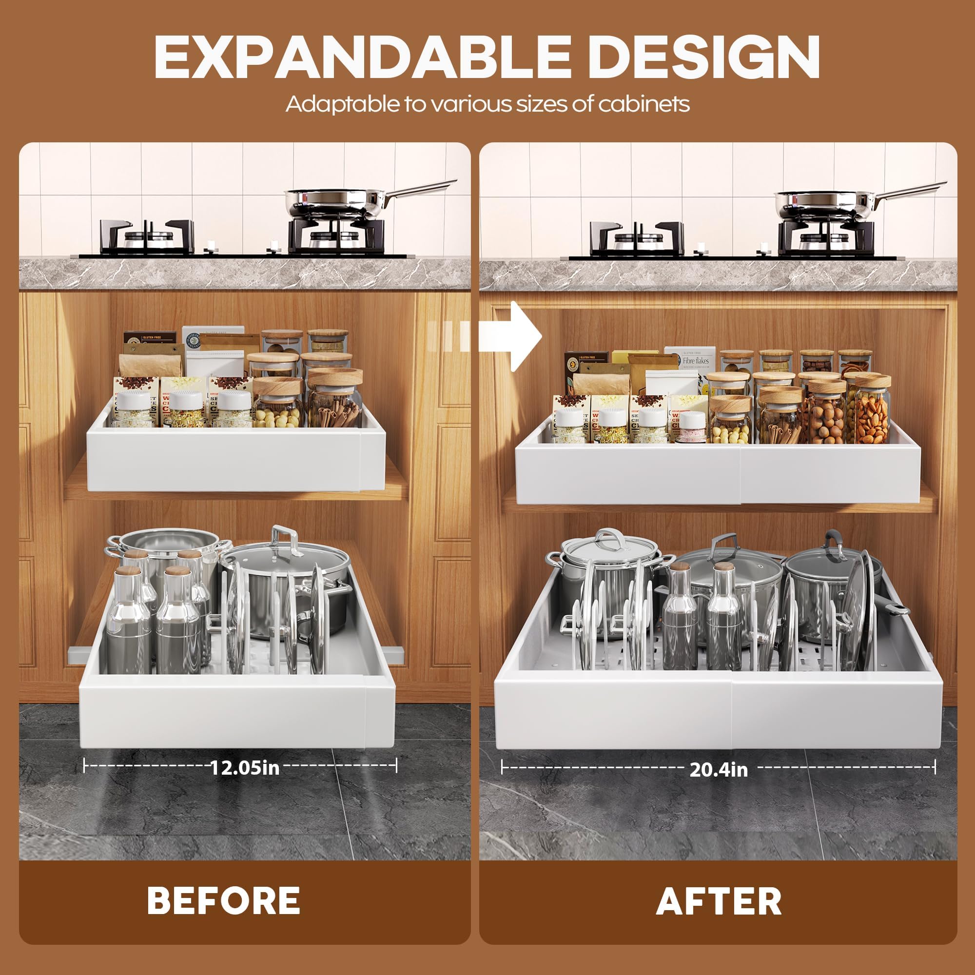 Seinloes four-divider racks keep pots, pans, and bakeware neatly organized