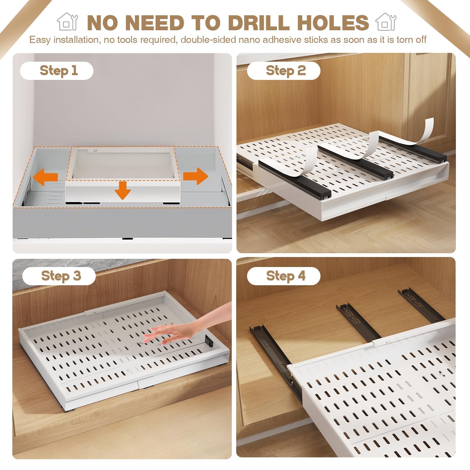 Seinloes kitchen organization improves access to cookware, spices, and cleaners.