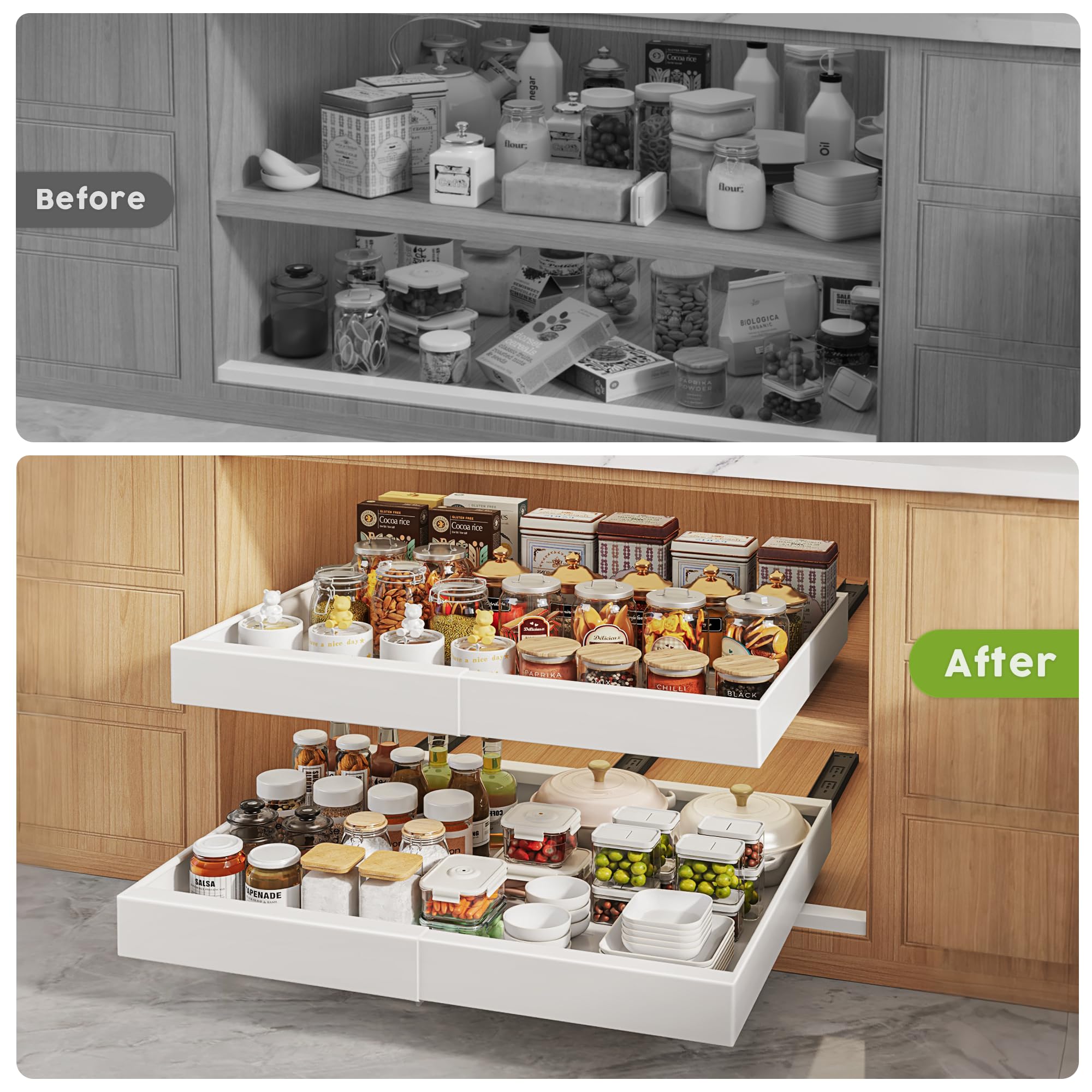 Seinloes organizer for pots, pans, bowls keeps contents accessible.