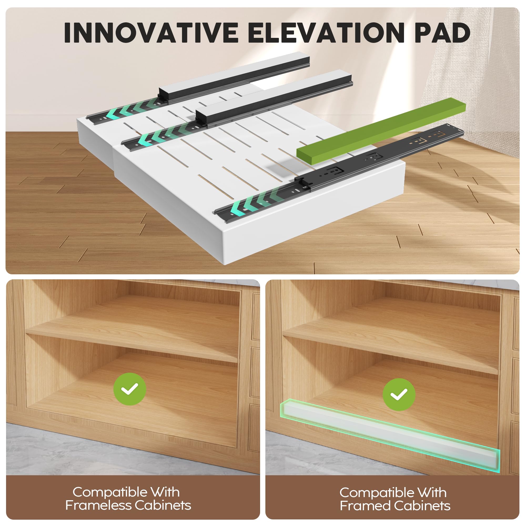Seinloes three-rail slide system provides silent, stable drawer action.