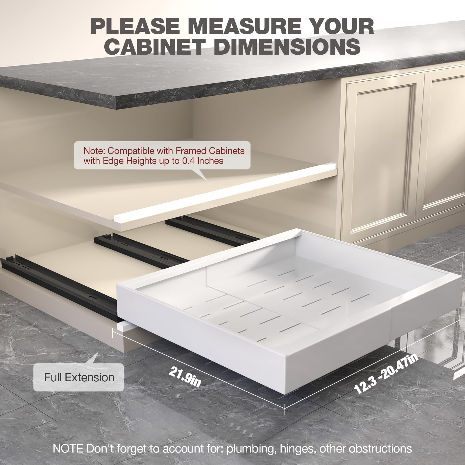 Seinloes expandable width from 12.3 to 20.5 inches fits many cabinets.