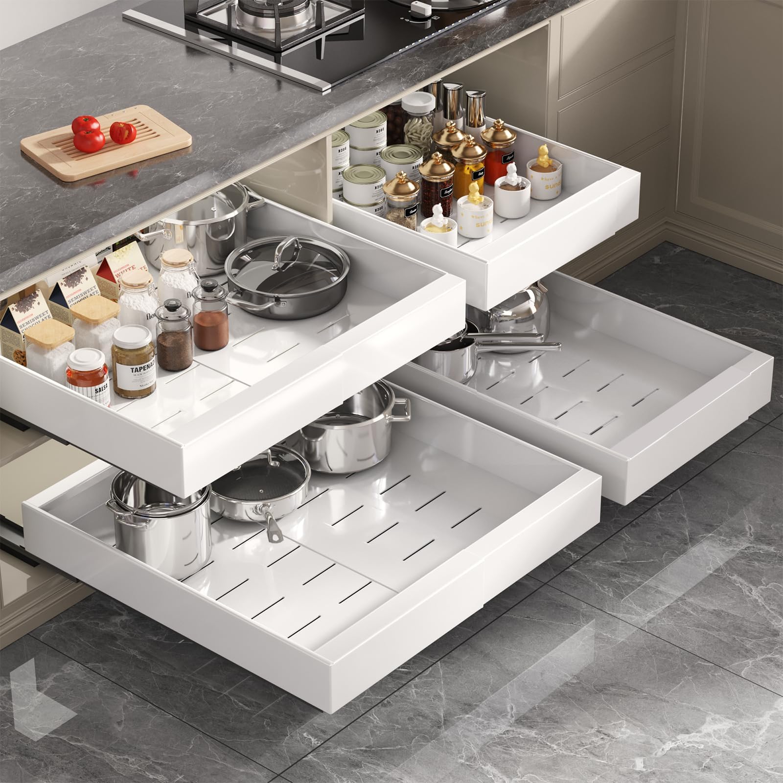 Seinloes full-extension drawer makes items accessible at the back.