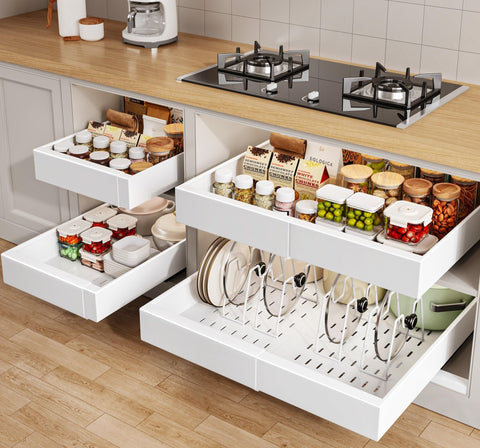 Seinloes pullout cabinet organizer enables easier access to back-of-cabinet items.