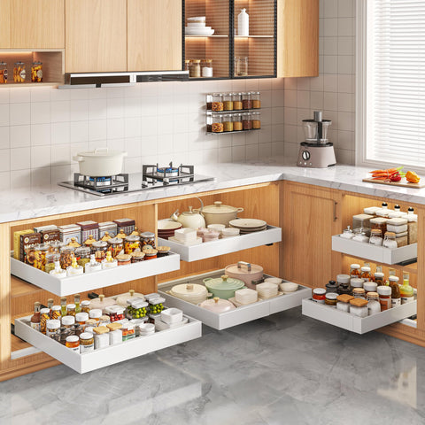 Seinloes 21-inch deep pull-out shelf optimizes cabinet real estate.