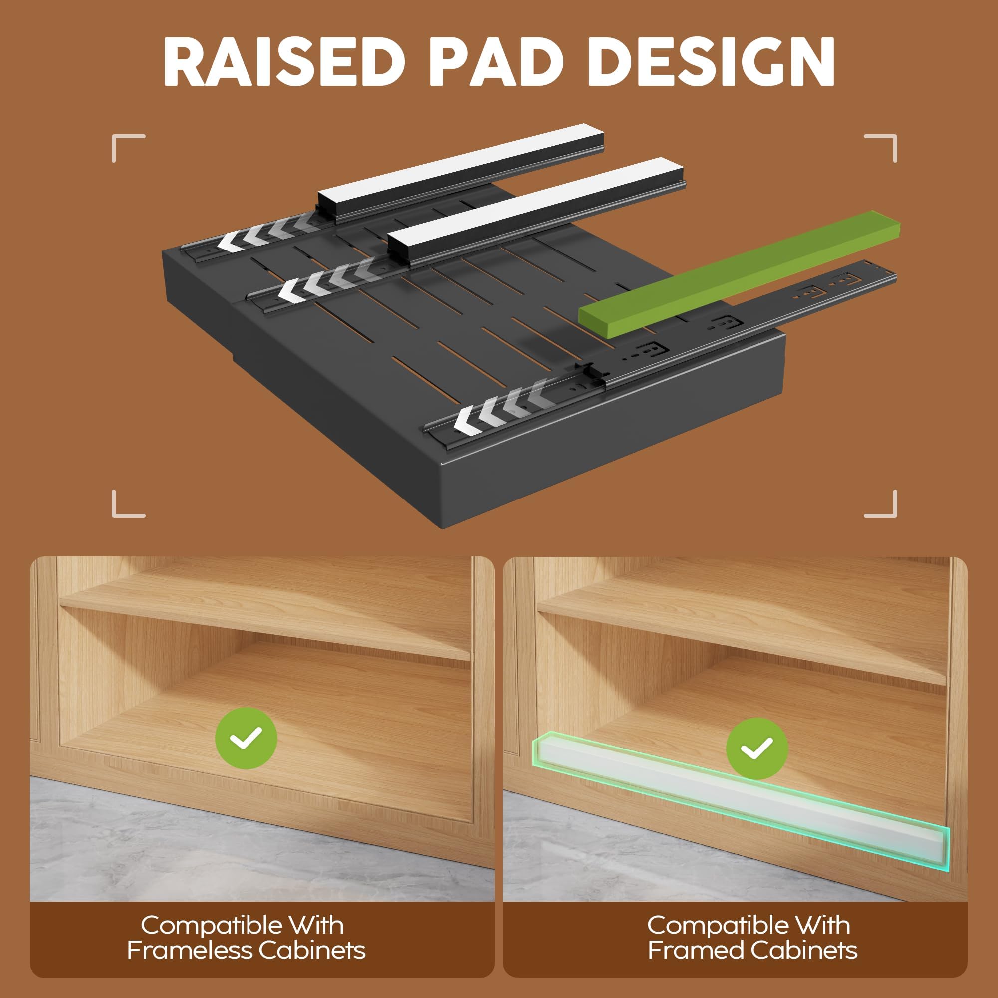 Seinloes three-rail slide system supports heavy cookware securely.
