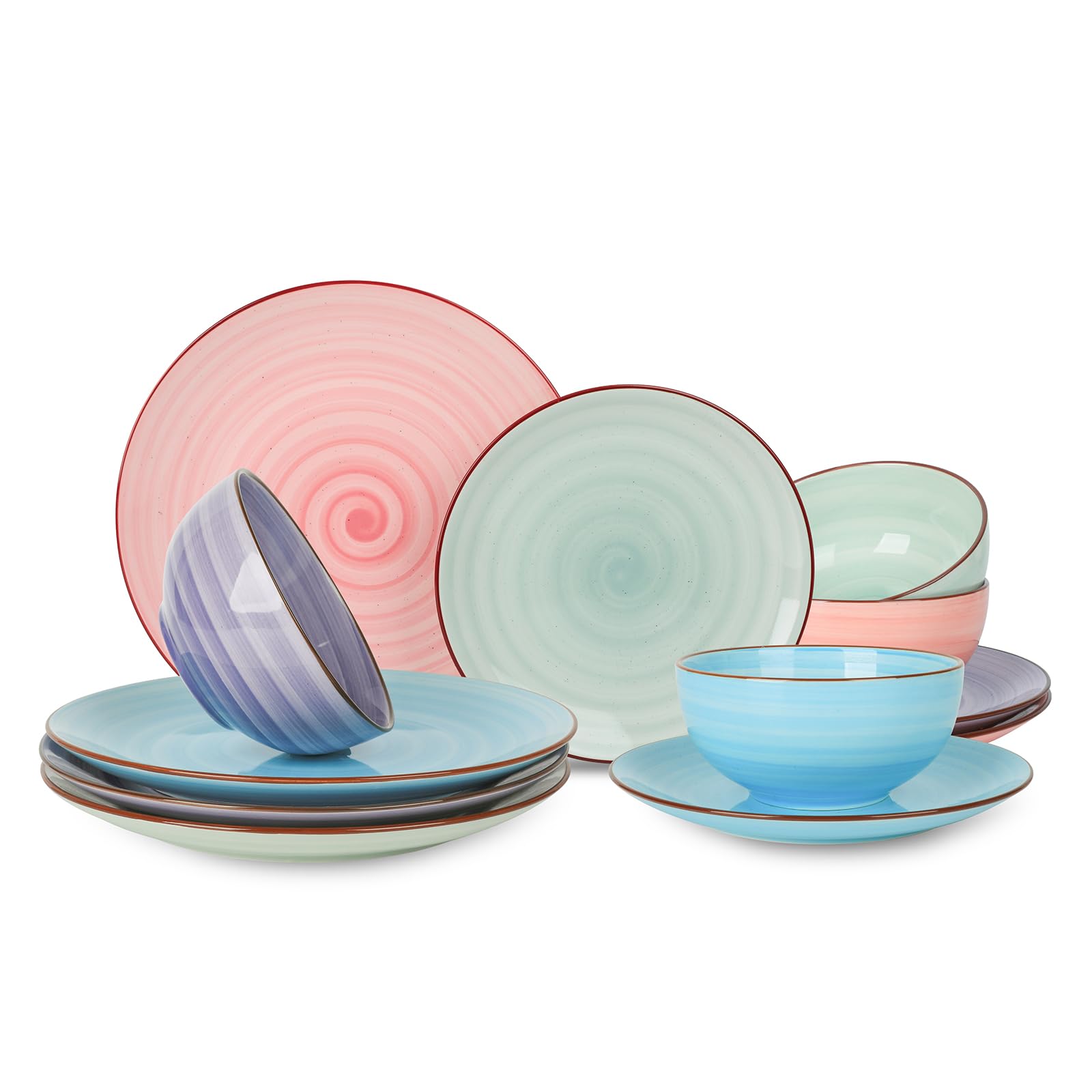 Selamica 12-piece dinnerware on tabletop with hand-painted swirl and spray dots.