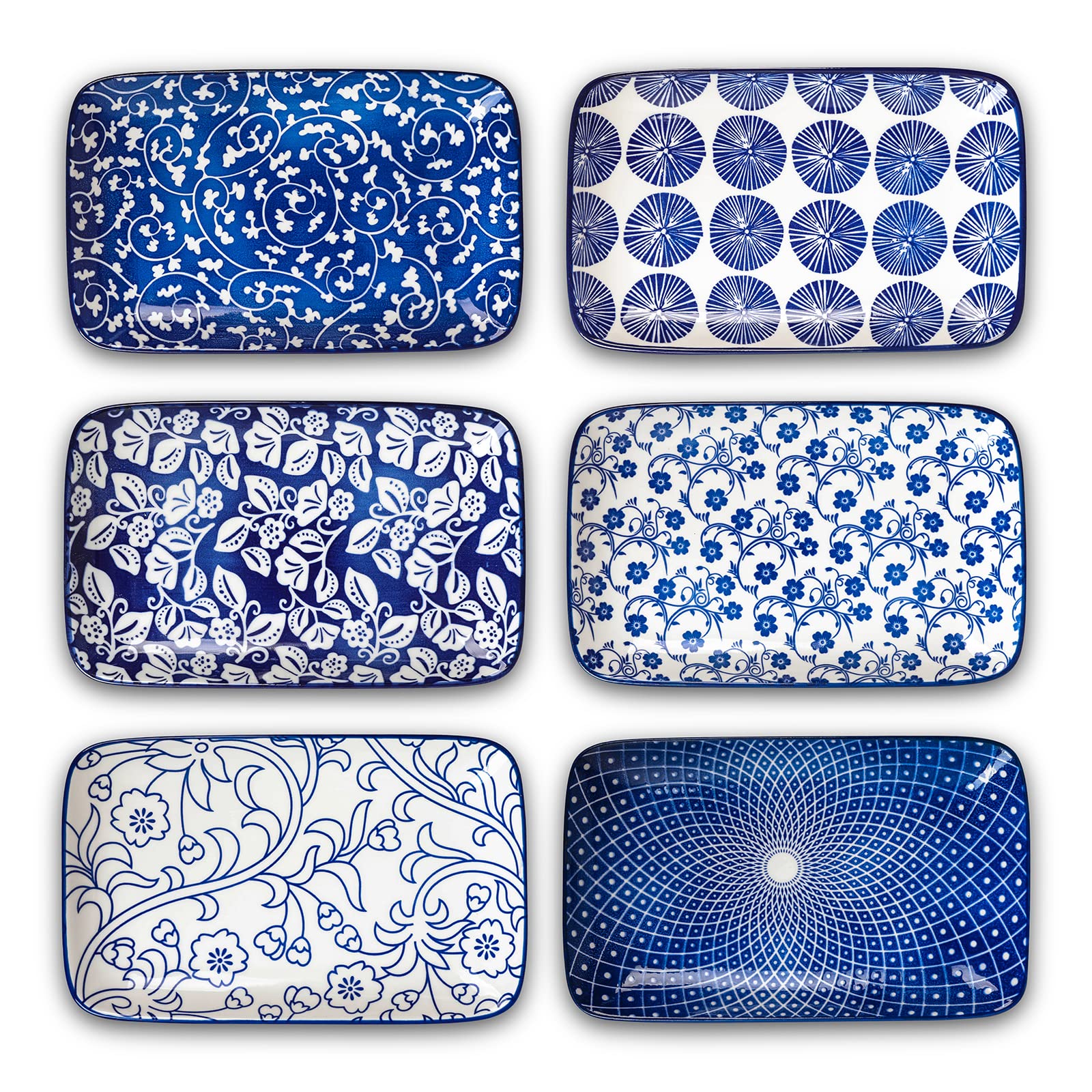 Selamica blue rectangular plate close-up highlighting the intricate pattern for appetizers.