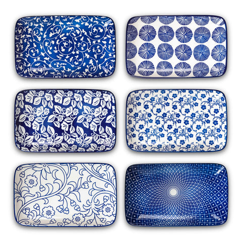 Selamica blue rectangular plate close-up highlighting the intricate pattern for appetizers.