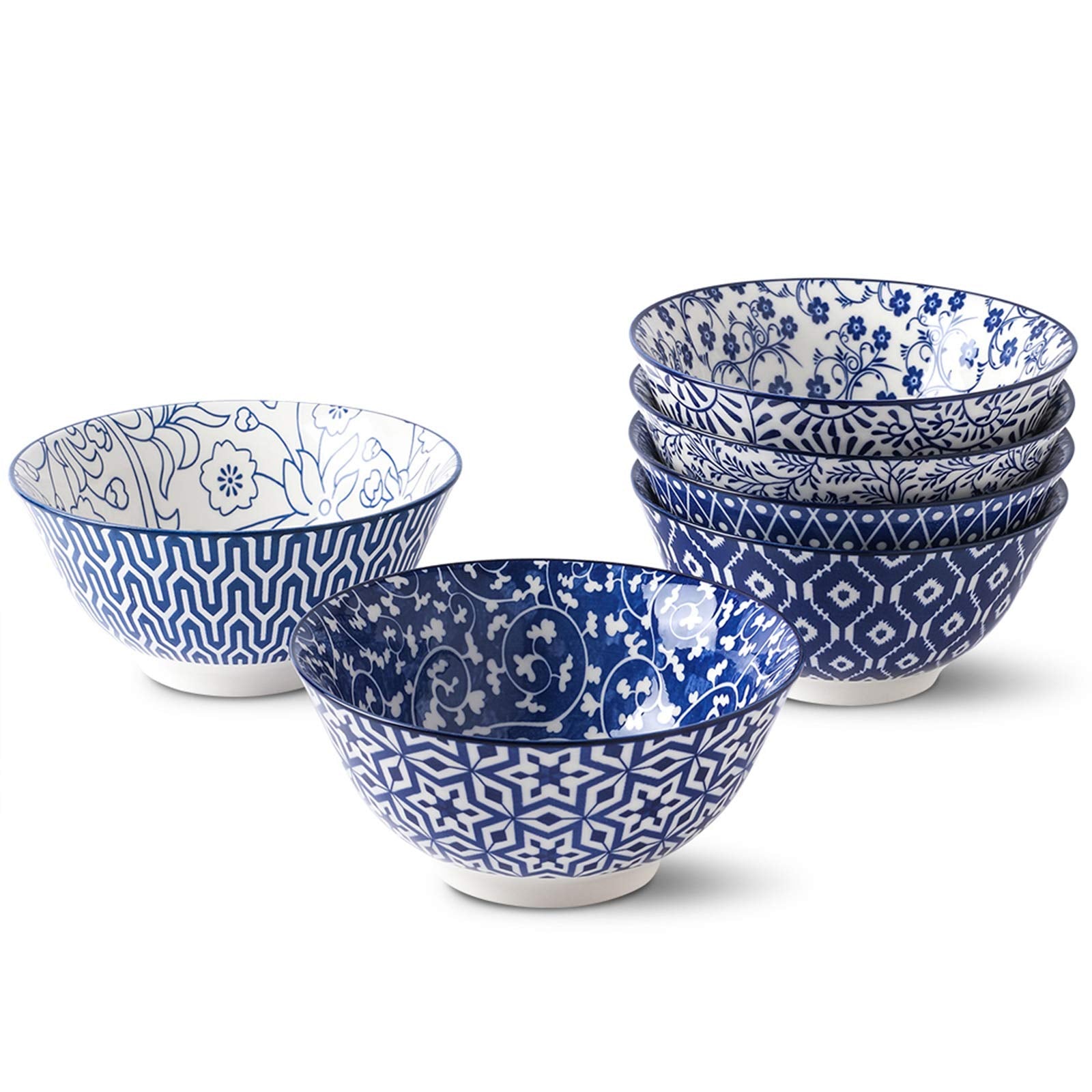 Selamica blue and white porcelain bowl, 6-inch size, ideal for cereals and soups.