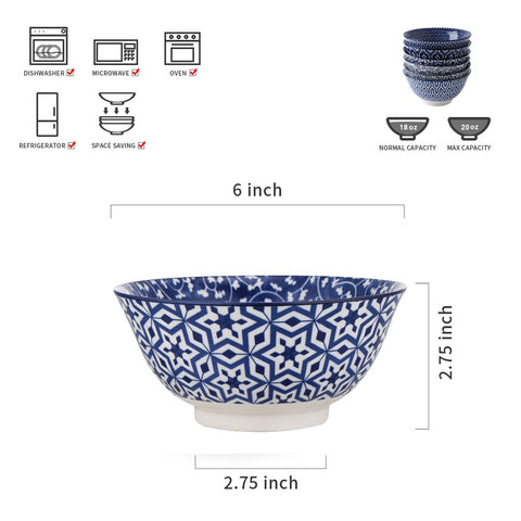 Selamica blue and white porcelain bowl, 6-inch size, perfect for cereals and desserts.