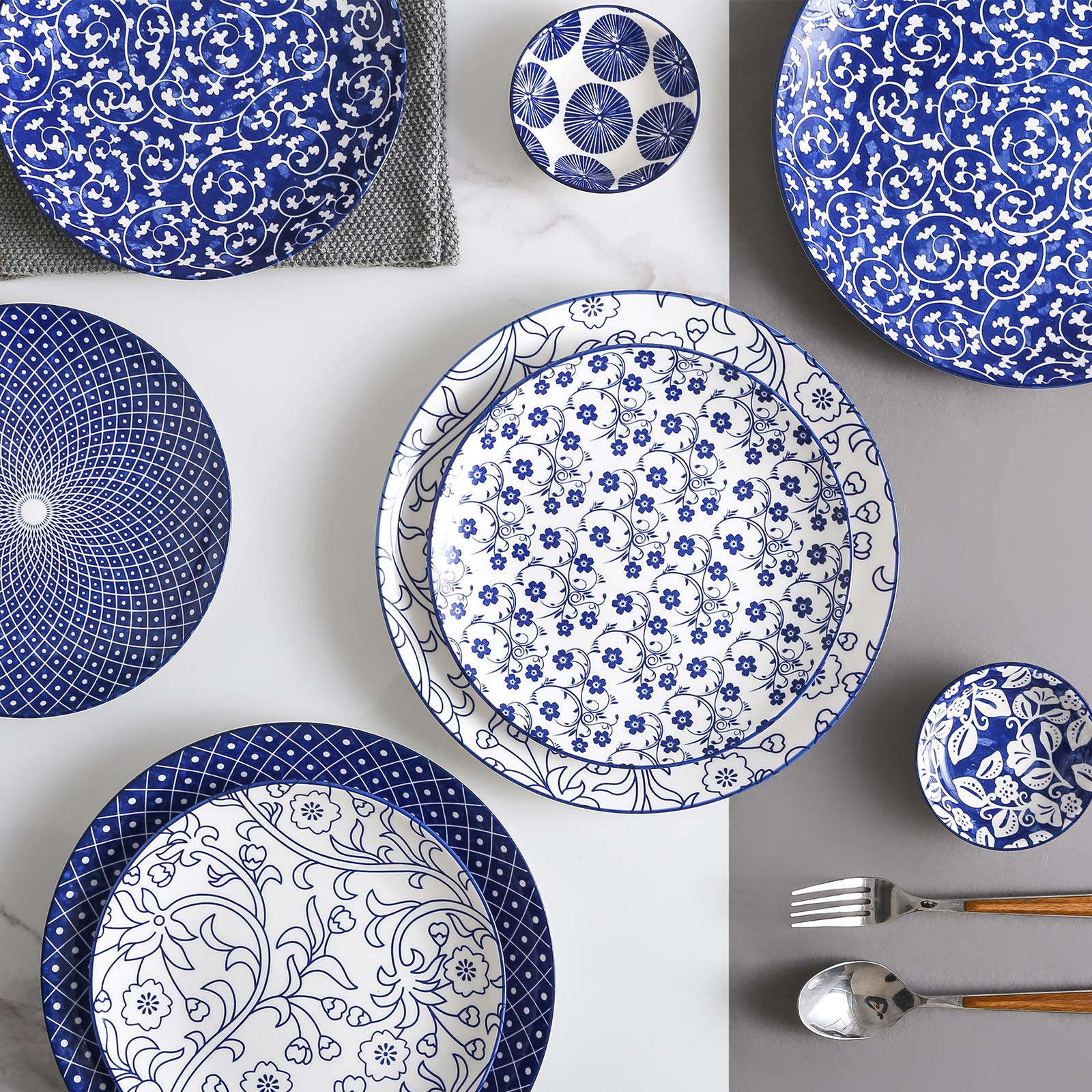 Close-up of Selamica vintage blue pattern on porcelain plate