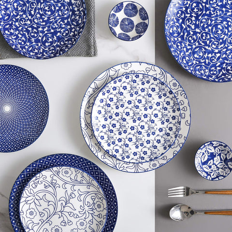 Close-up of Selamica vintage blue pattern on porcelain plate