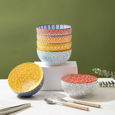 Selamica 12 oz bowls show decorative patterns inside and outside for style.