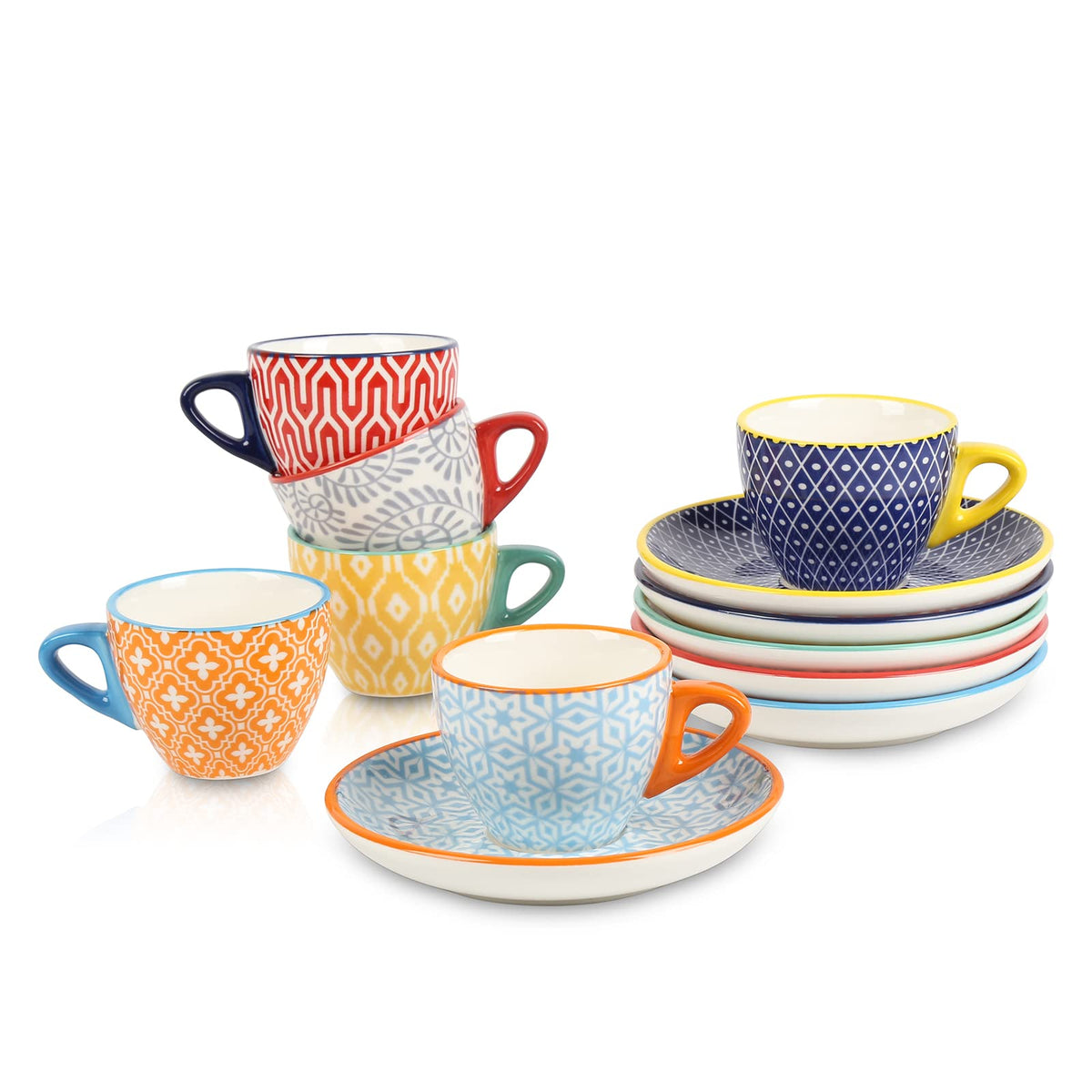 Selamica espresso cup with saucer showing bright color patterns for elegant home tasting
