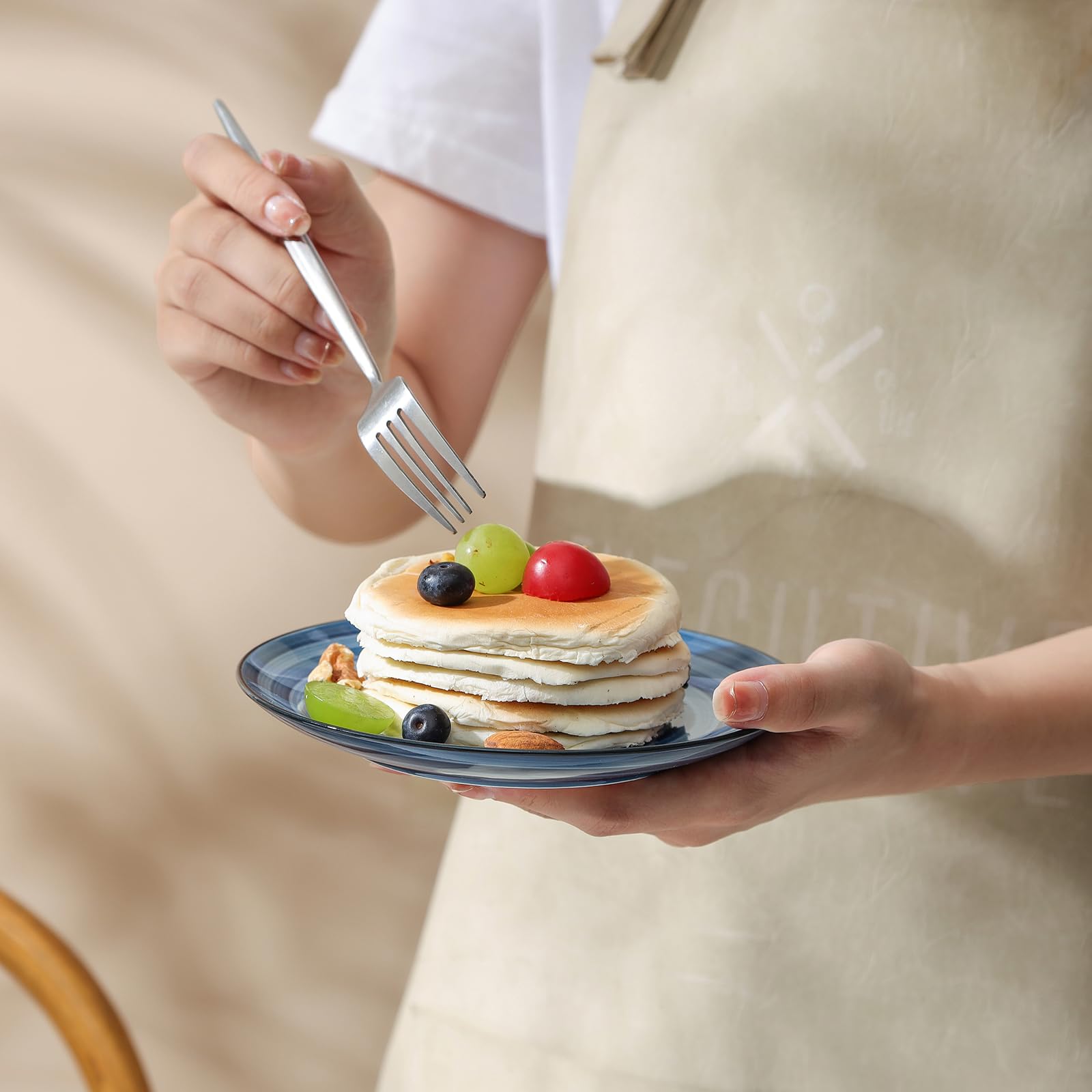 Selamica gradient blue dessert plate detail of durable porcelain suitable for microwave use.