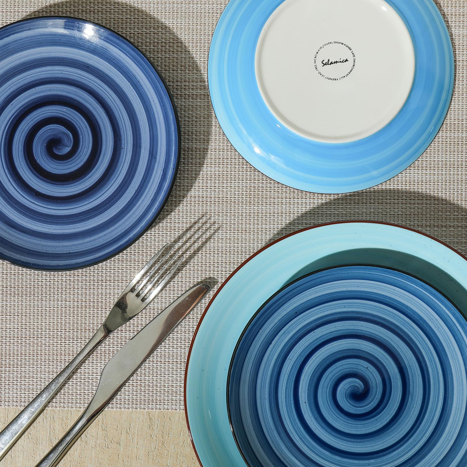 Selamica gradient blue speckled dish set arranged for gatherings.