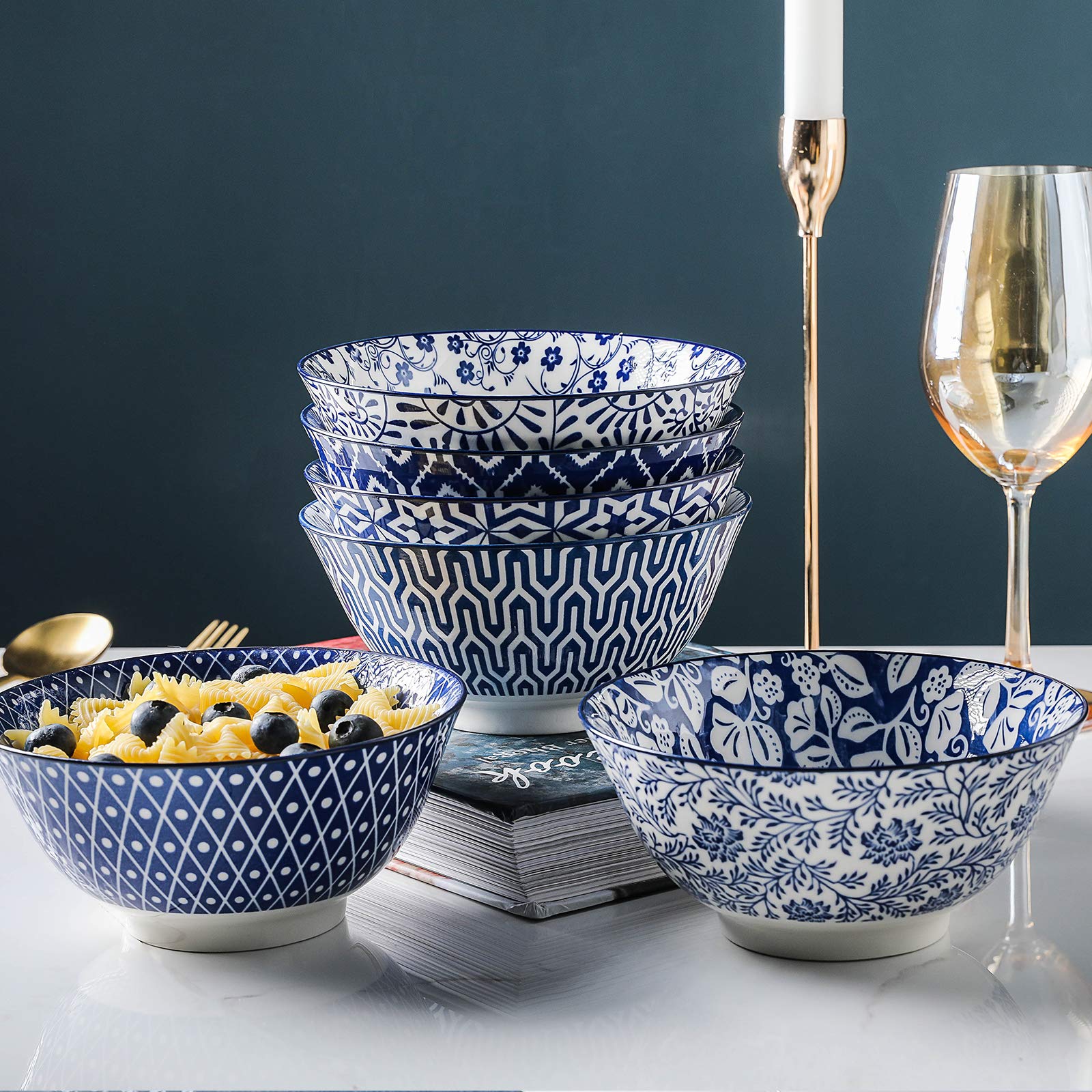 Selamica Chinese-inspired blue underglaze pattern on a practical dinner bowl.