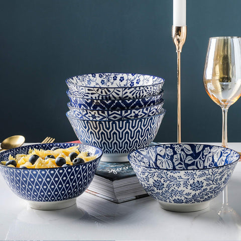 Selamica Chinese-inspired blue underglaze pattern on a practical dinner bowl.