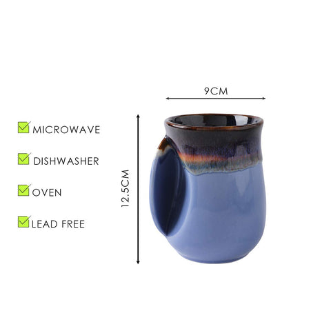 Closeup of the ergonomic pocket on the Selamica mug for a warm grip.