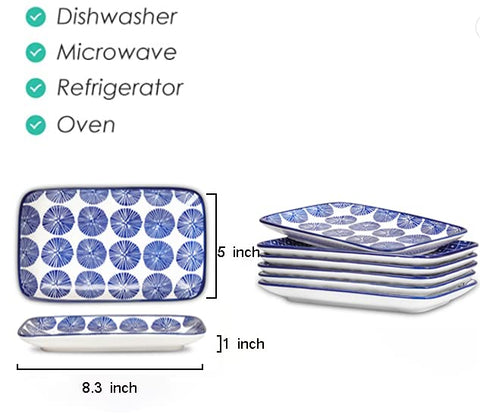 Selamica rectangular blue plate plated with sushi for elegant serving.