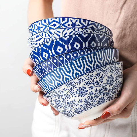 Selamica six-pack porcelain bowls, microwave-safe convenience.