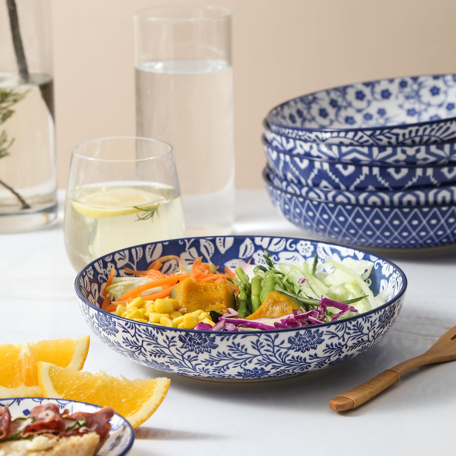 Selamica Vintage Blue 26oz pasta bowl serves generous portions with color.