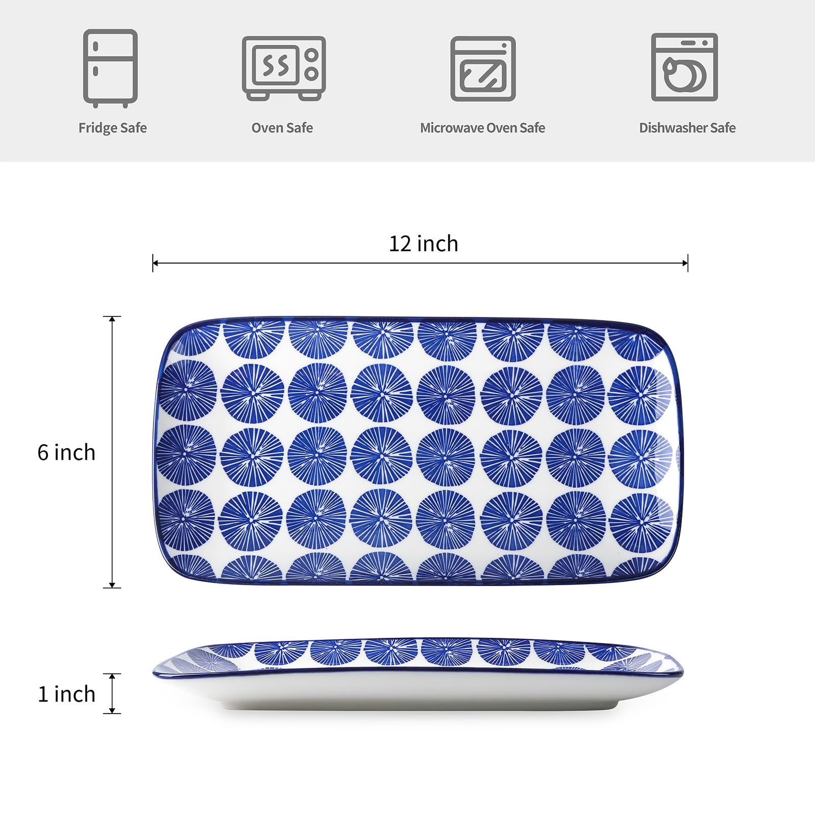 Selamica rectangular platter with vintage blue pattern enhances presentation