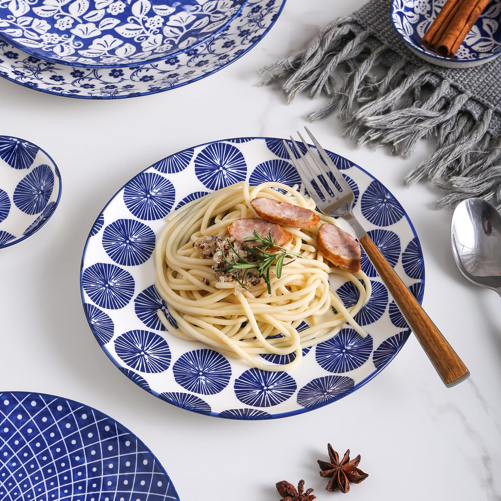 Selamica Vintage Blue stackable dishes promote neat storage and convenience.