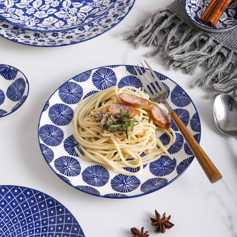 Selamica Vintage Blue stackable dishes promote neat storage and convenience.