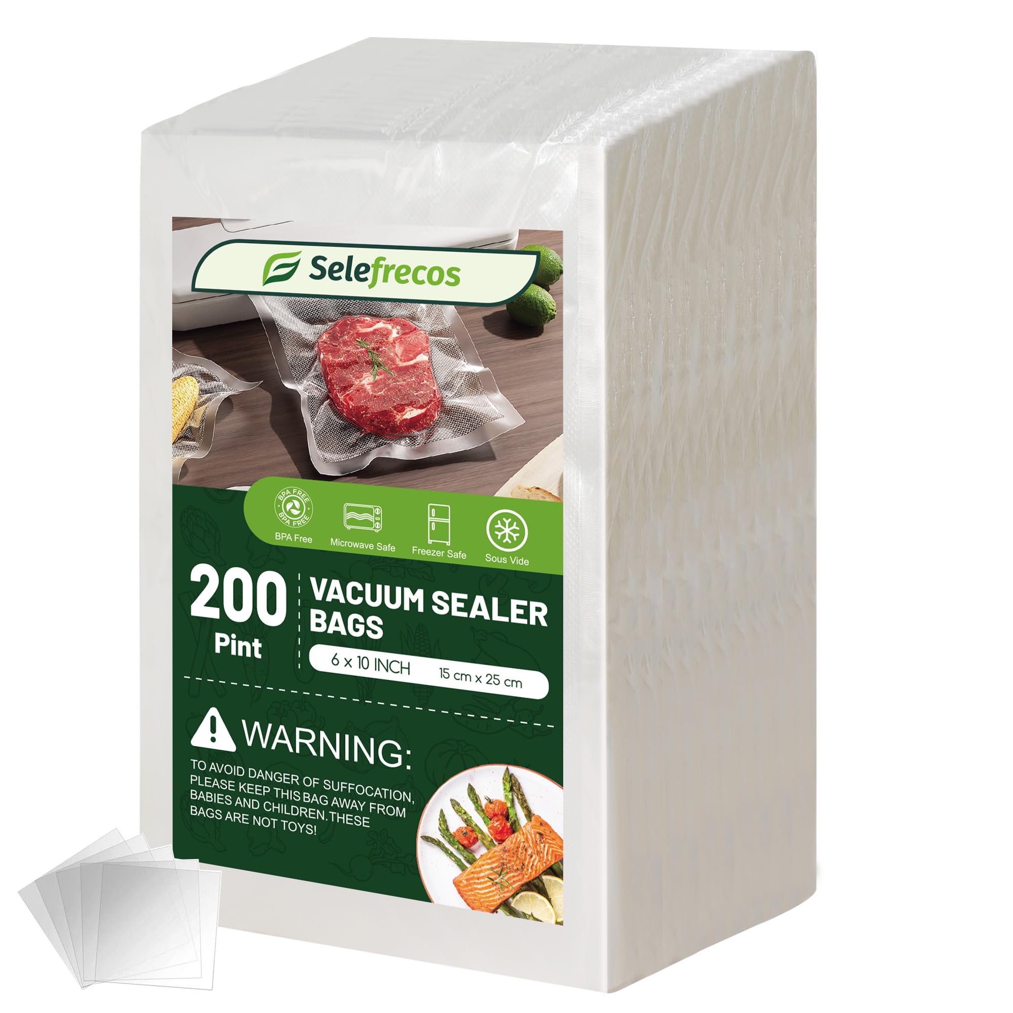 Selefrecos 200 pint bags in a 6x10 inch size designed for freezer storage.
