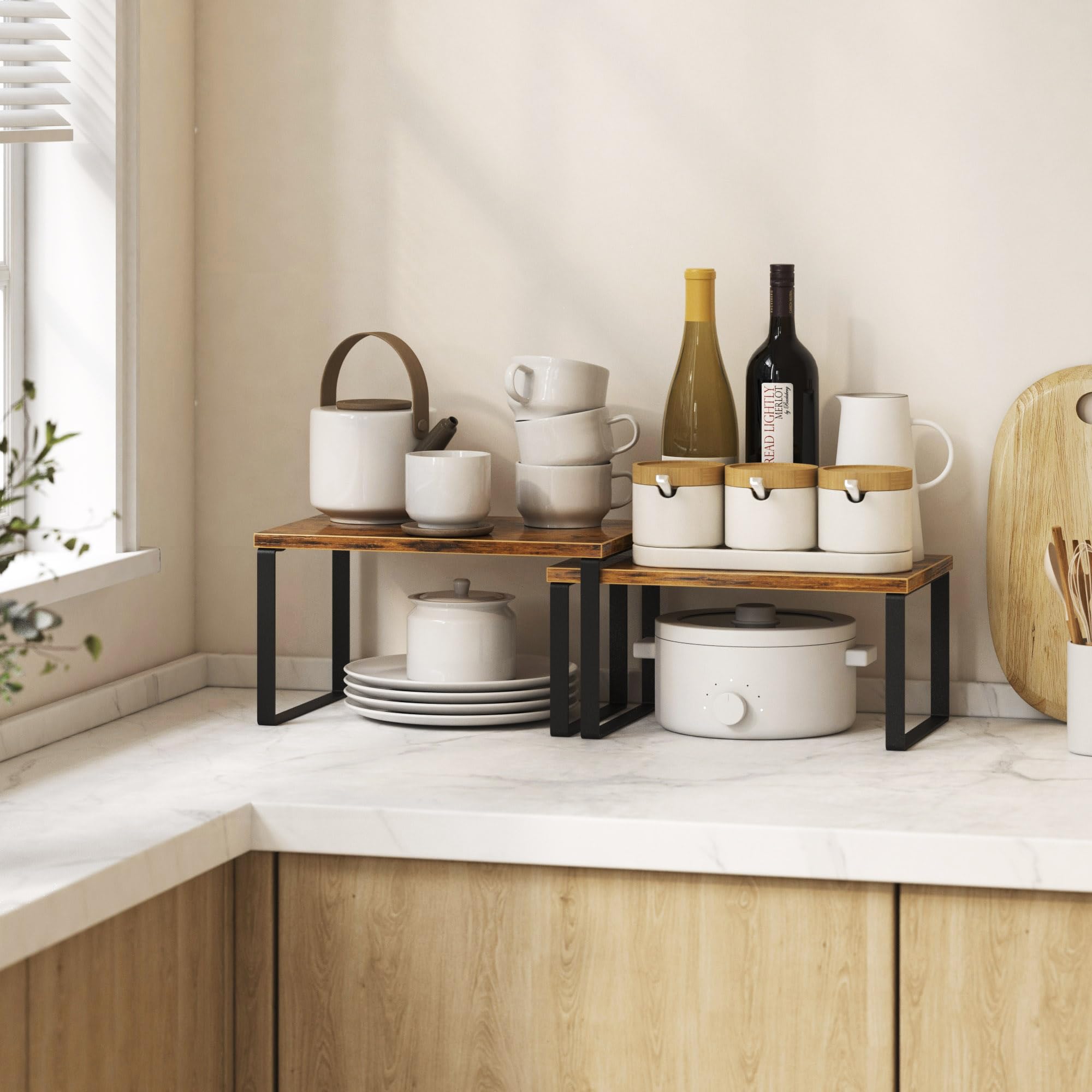 Selefrecos stackable shelves in cabinet provide space-saving configuration for a tidy pantry
