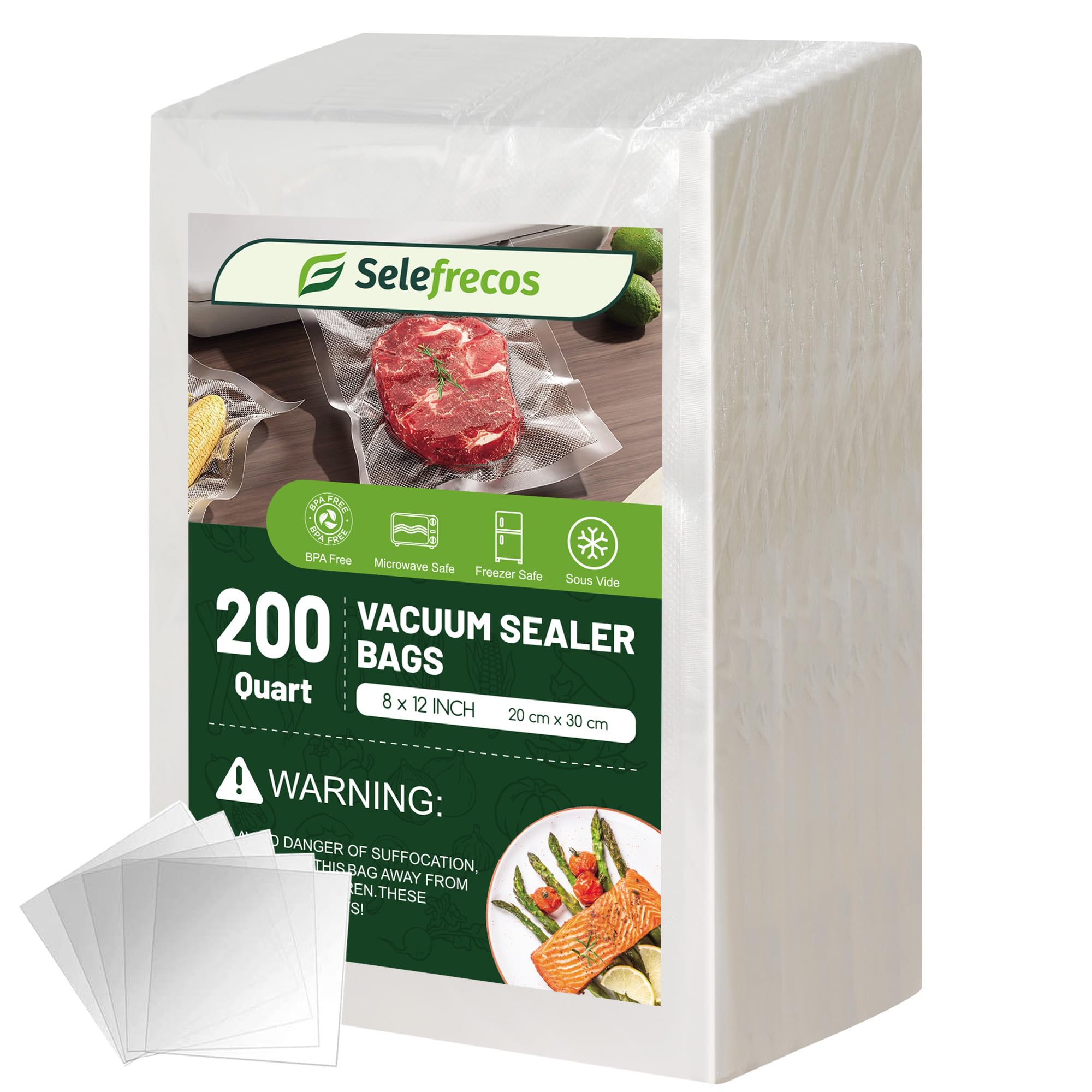 Selefrecos vacuum sealer bags in 8x12 inch size for efficient meal prep and freezer storage.