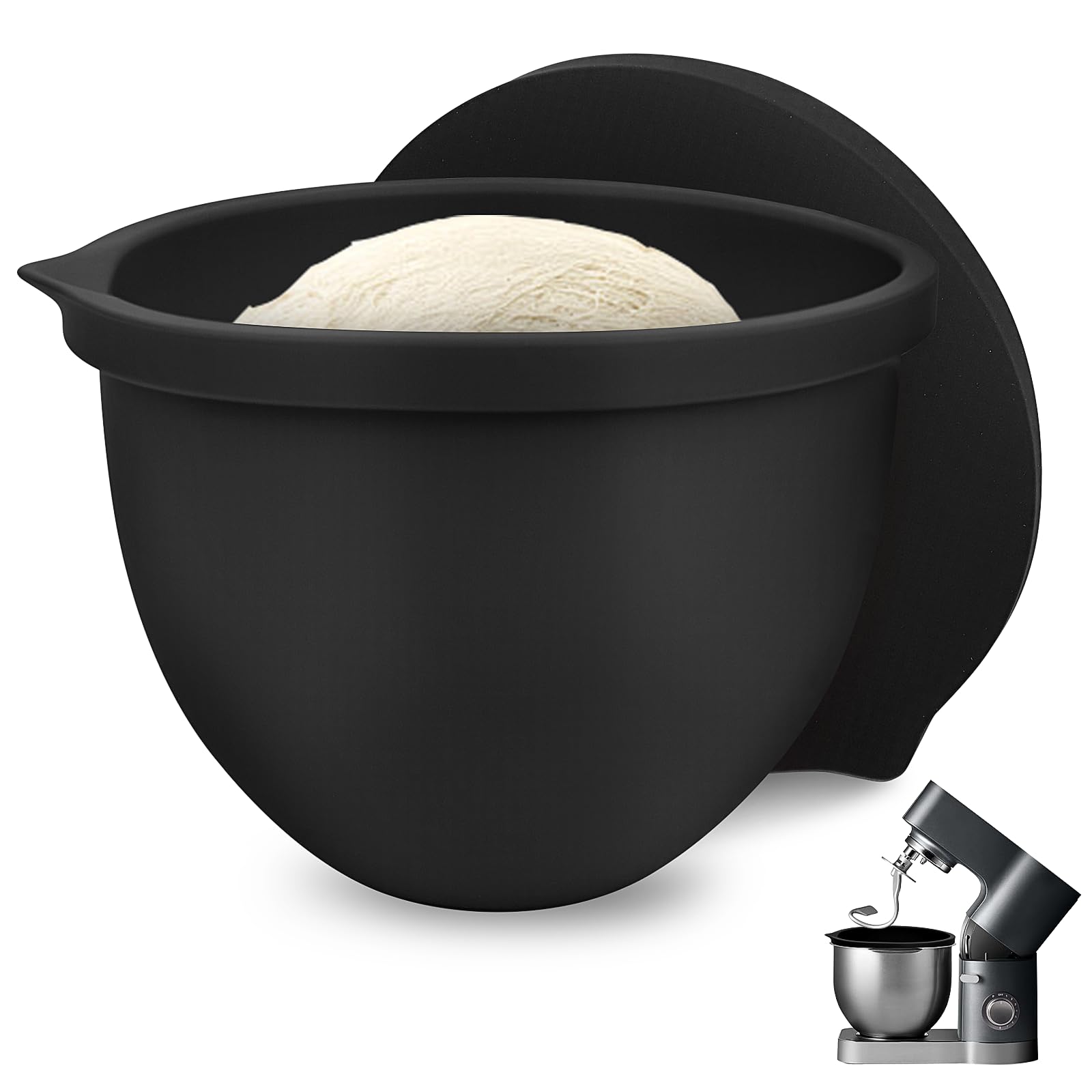 SelfTek silicone bowl liner fits 5 Qt KitchenAid bowls for easy mixing and storage.