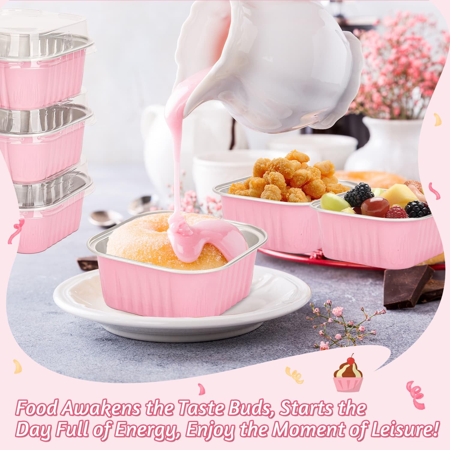 Selizo 5oz square pink baking cups for single servings.