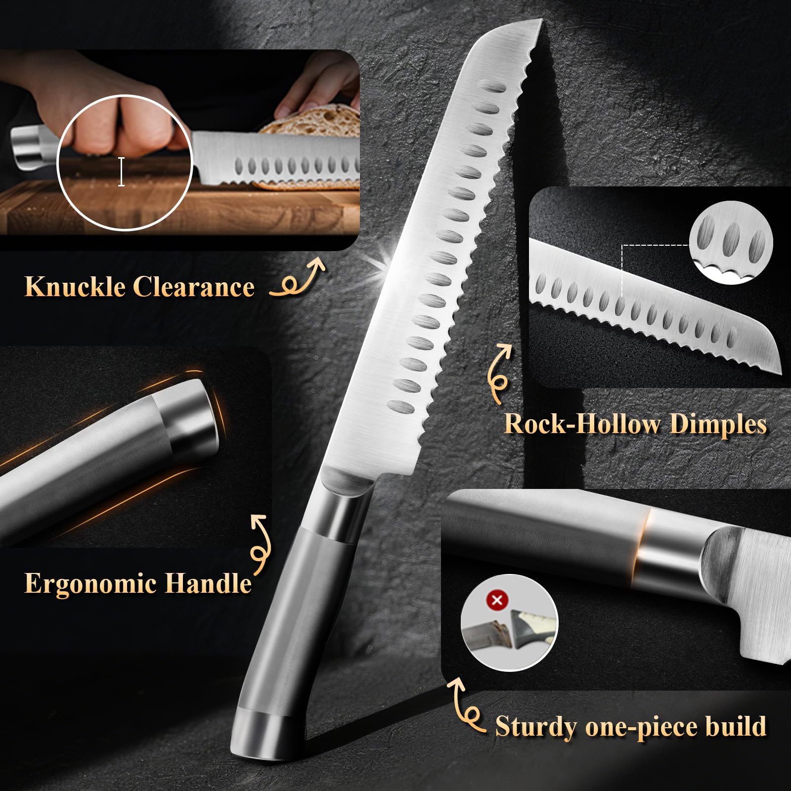 SeLucky forged German steel bread knife slicing crusty loaves cleanly