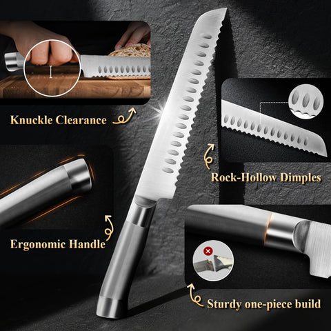 SeLucky forged German steel bread knife slicing crusty loaves cleanly