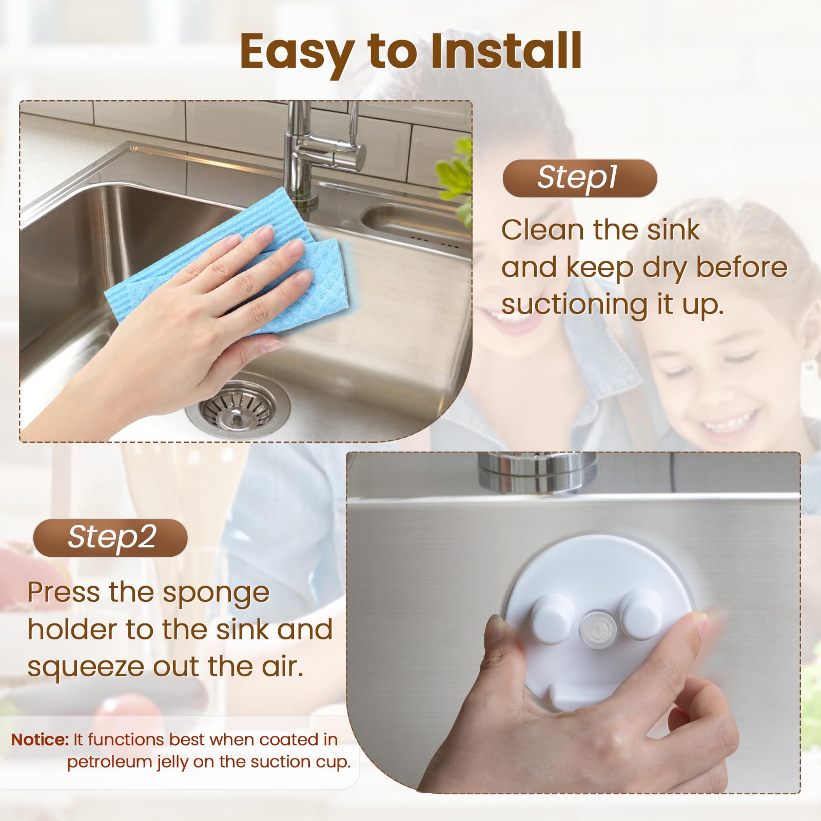 Semcide holds standard Smiley sponges securely beside the sink