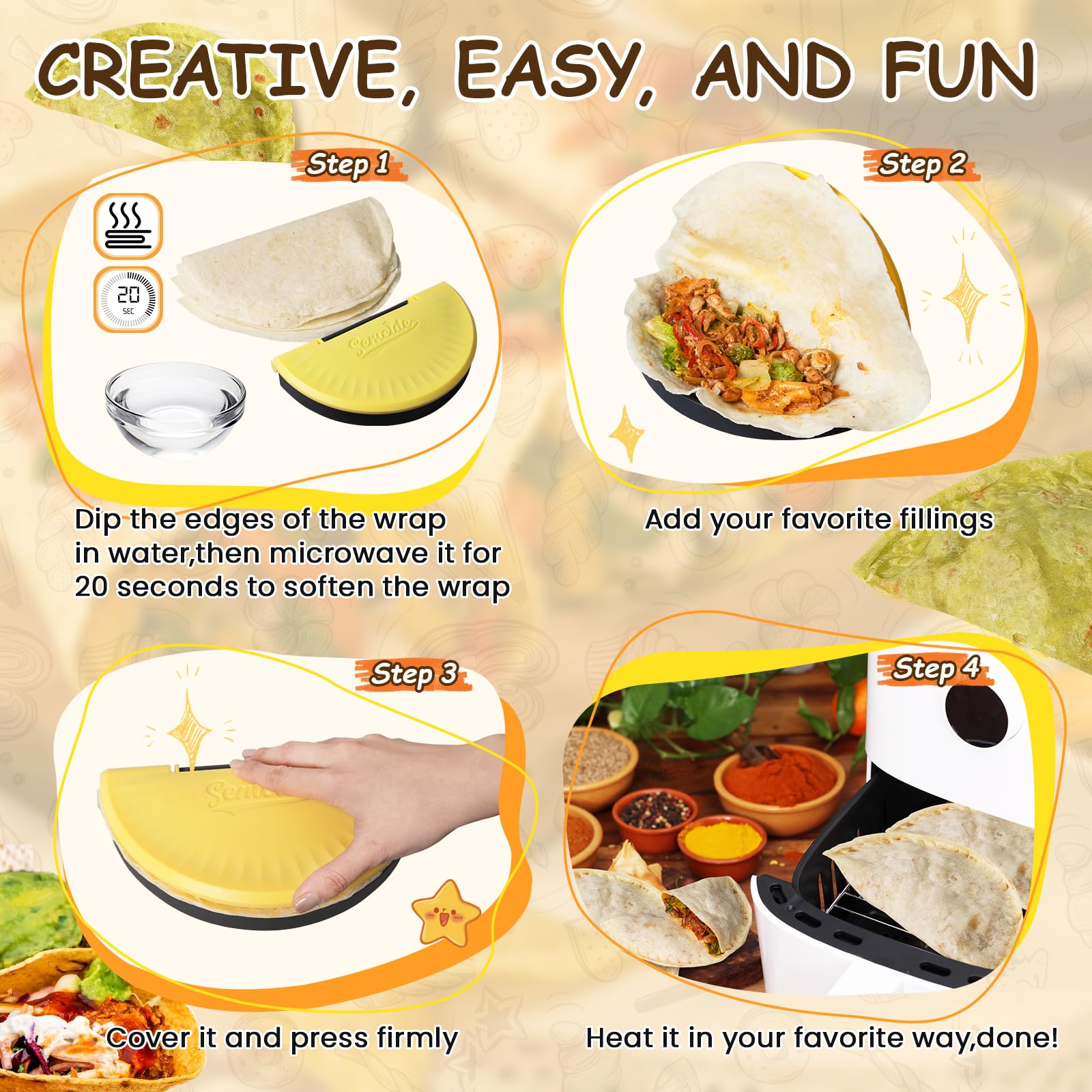 Semcide Tortilla Sealer embossed-pattern-seal locks fillings with a neat edge.