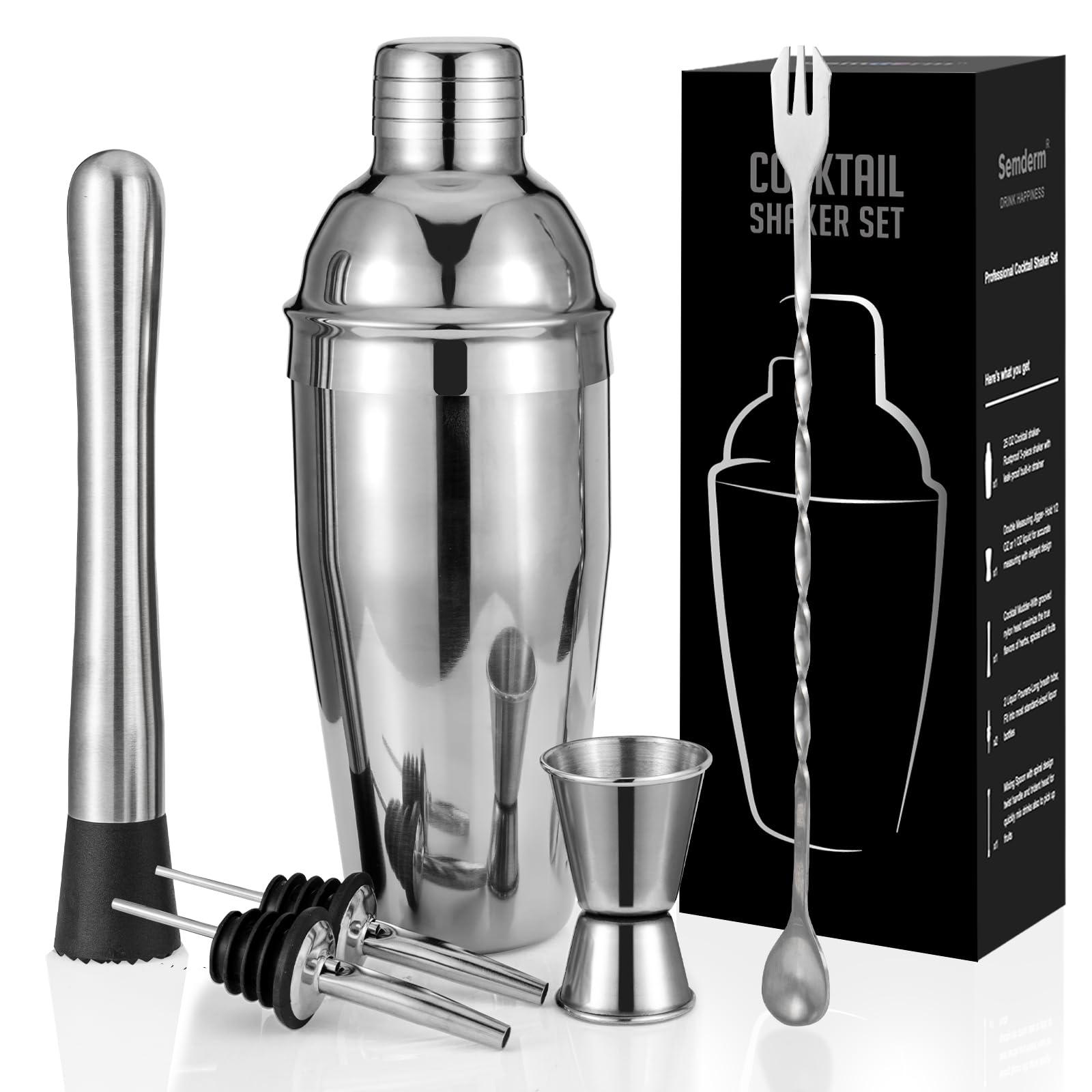 Semderm cocktail shaker 24oz with built in strainer for smooth pours