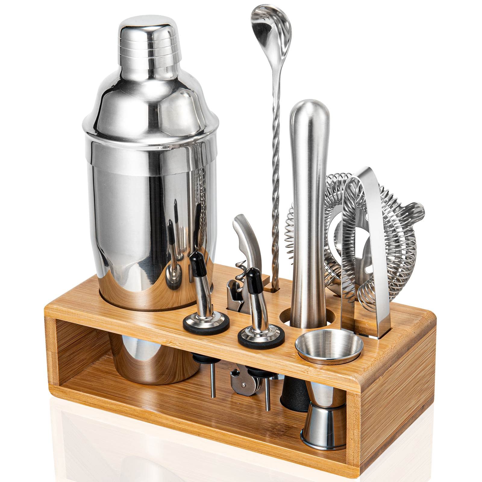 Semderm cocktail shaker set on bamboo stand for organized home bartending