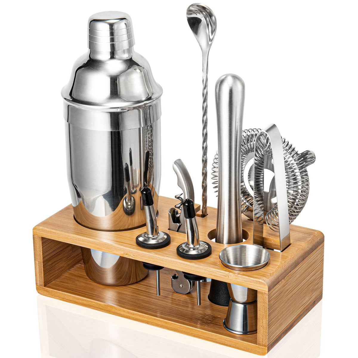 Semderm cocktail shaker set on bamboo stand for organized home bartending
