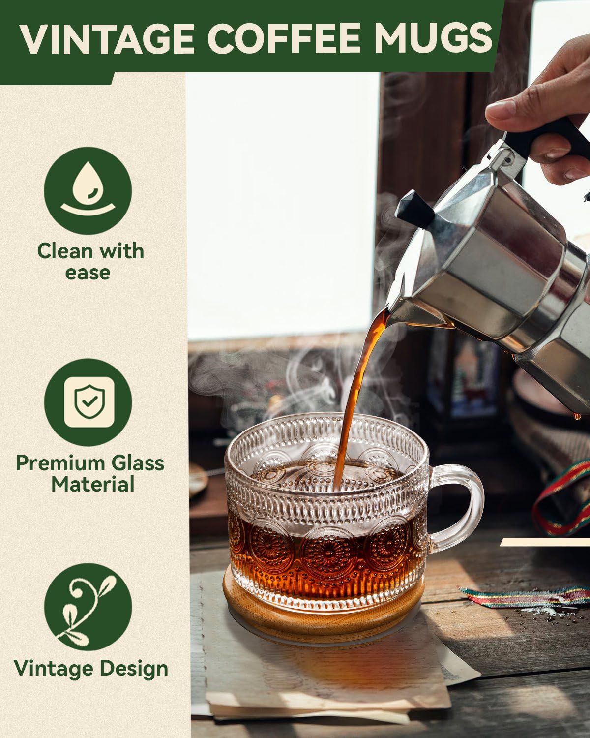 Semderm glass mug with rain-dot accents enhancing each drink