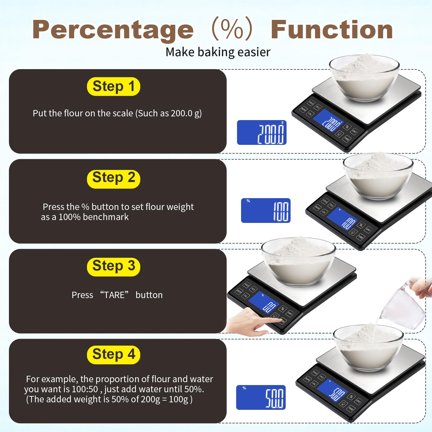 SEMIER digital kitchen scale tare function allows quick zeroing.