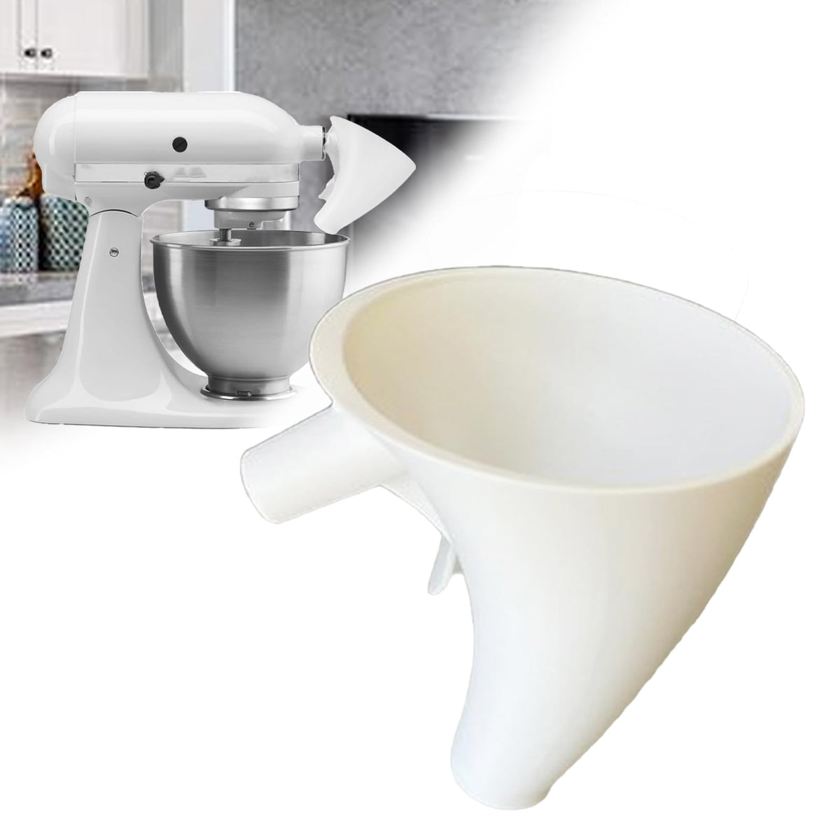 Semihacker funnel attached to KitchenAid KSM150 for precise ingredient flow.