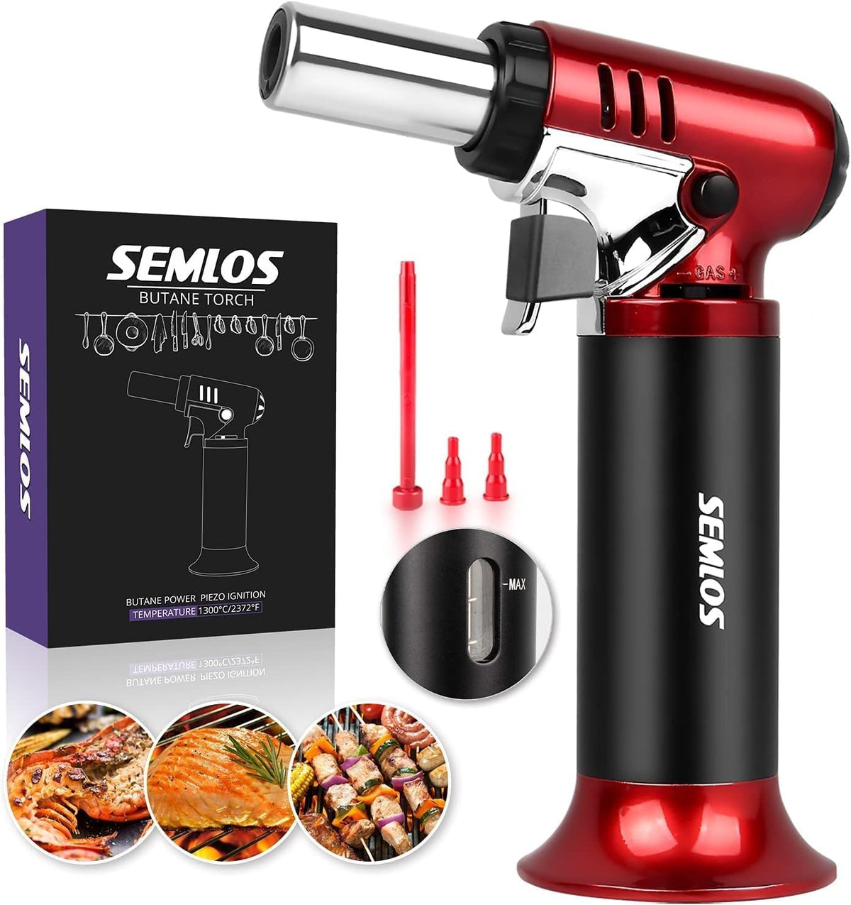 Semlos kitchen torch with fuel gauge for precise cooking progress